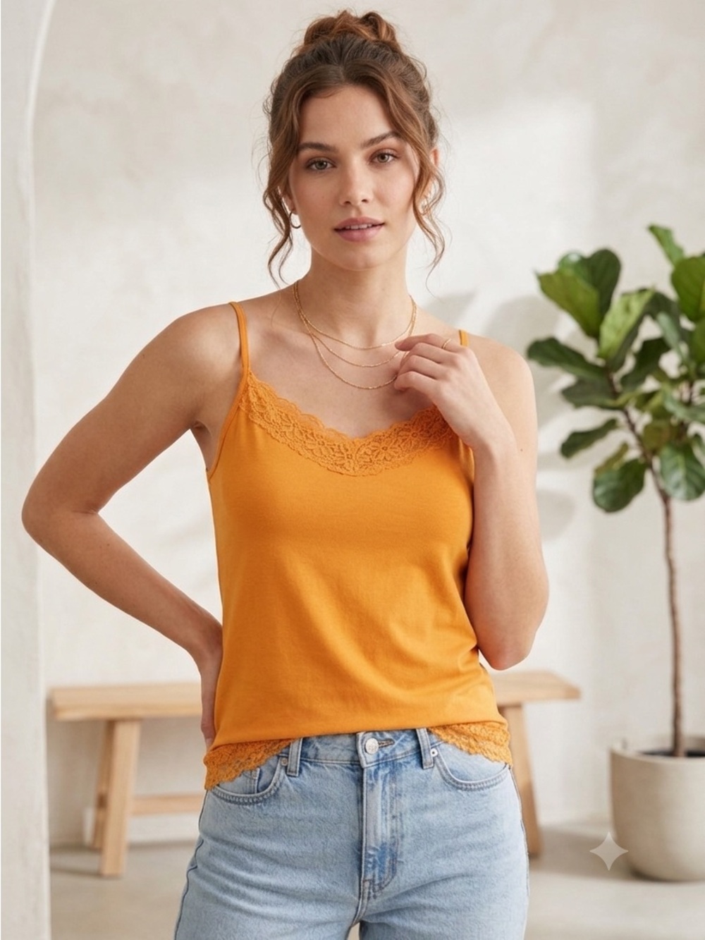 Cato Lace-Trim Spaghetti Strap Camisole - Orange
